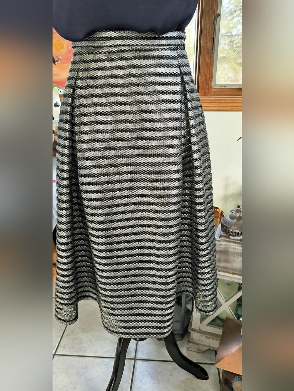 Boohoo Black and White Striped A-Line Midi Skirt